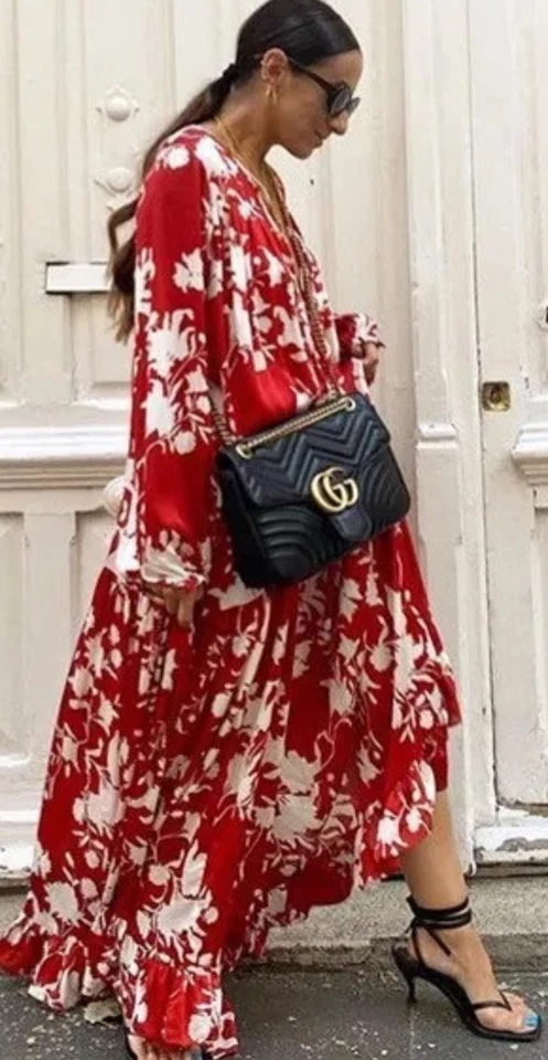 NWOT Johanna Ortiz x H&M Red Wild Roses Voluminous Satin Maxi Dress Kaftan Sz XS - Image 4 of 4