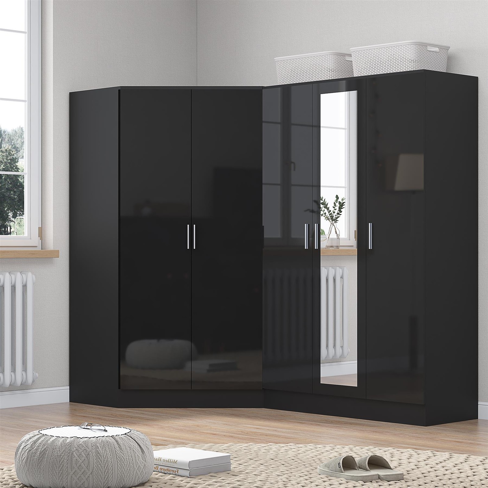 REFLECT Black Gloss Wardrobe Bundle - Corner + 3 Door Mirror - Black / Black - Image 4