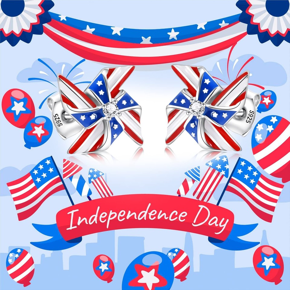 Silver USA American Flag Earrings - Patriotic Star Ears Stud Fourth of ...