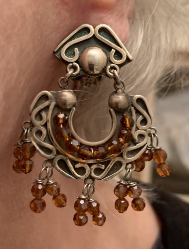 VINTAGE CONSUELO CAMPOS STERLING, TOPAZ CHANDELIER CLIP-ON EARRINGS - Picture 7 of 12