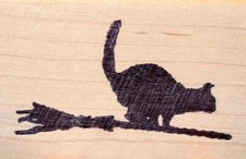 NEW Happy Halloween Cat Flying a Witches Broom Rubber Art Stamp