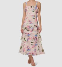 Adrianna Papell Women's White Printed Straight-Neck Tiered Chiffon Dress Size 2
