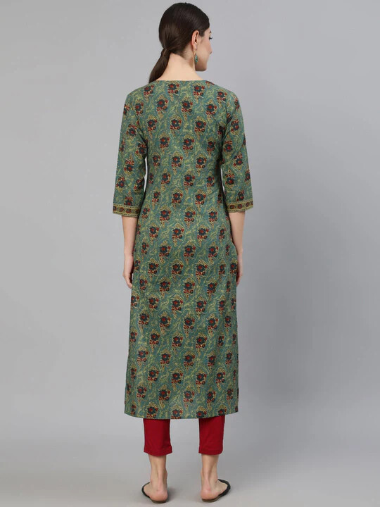 Women Green Ethnic Floral Printed Kurta ,Indian Pure Cotton Kurti