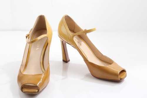 PRADA Beige Patent Leather Peep Toe Buckle Strap Heels Size 36.5 - Picture 2 of 16