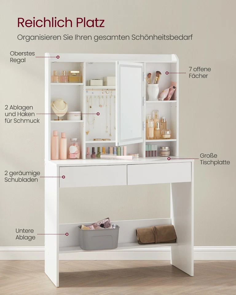 VASAGLE Schminktisch mit LED-Beleuchtung Frisiertisch mit Schubladen TDR123T14 - Bild 2 von 4