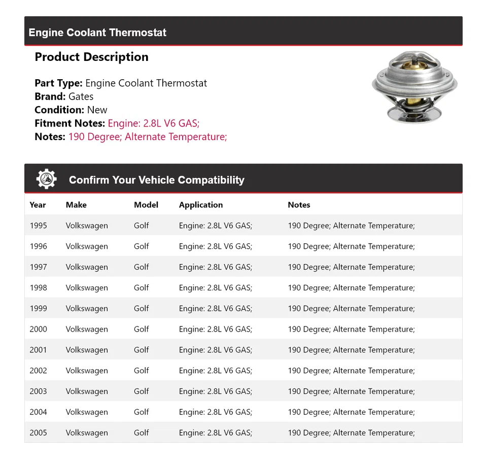 Para Volkswagen Golf 1995-2005 2,8 L V6 Motor Gas Refrigerante Termostato Puertas 1996 Foto 2 de 4