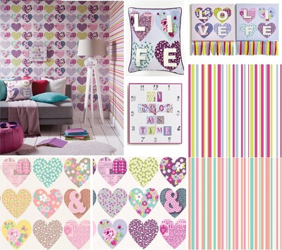 Patchwork Hearts Retro Girls Kids Room Bedroom Wallpaper Matching Accessories Ebay