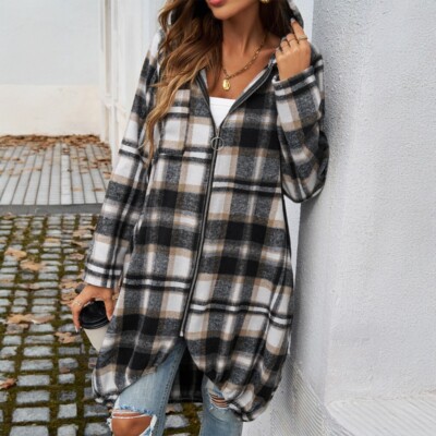 Damen Kariert Langer Mantel Jacke mit Kapuze Kapuzenpullover Top