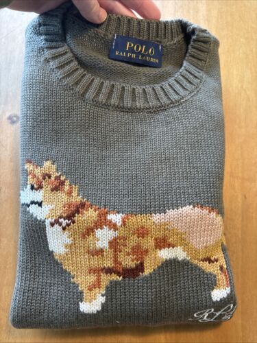 155 Ralph Lauren CORGI Dog Intarsia Knit Sweater Jumper taupe L runs small NEW - Picture 2 of 8