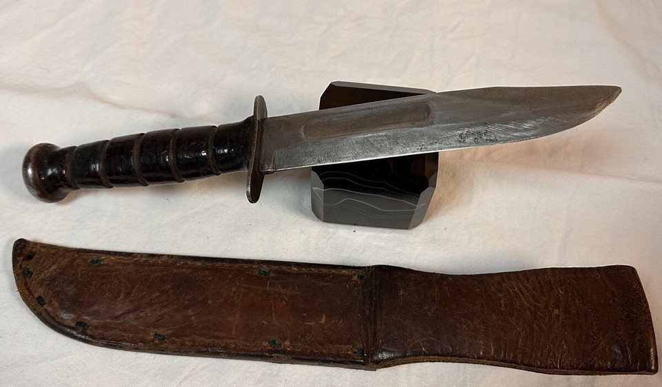 Vintage K Bar Knife and Leather Sheath Early Knife with Peened Thick