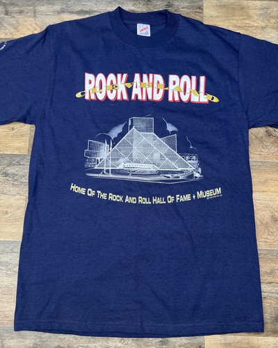 Vintage 1990s ROCK AND ROLL HALL OF FAME Cleveland Graphic T-Shirt Sz Large Blue - Picture 3 of 18