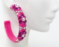 2" STATEMENT FUCHSIA HOOP FLOWER PATTERN PINK/AB RHINESTONES HOOP BLING EARRINGS