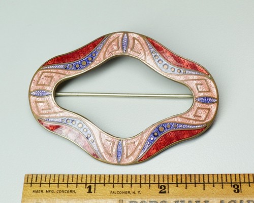 Vintage Art Deco Enamel Guilloche Sash Brooch 2.75" W Peach Purple Red Gold Tone - Picture 2 of 4