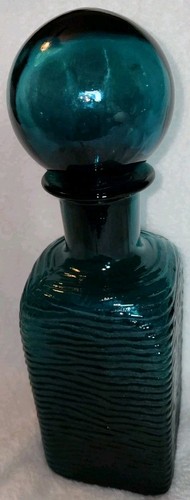 Vintage MCM Teal Square Bottle Decanter Empoli Ribbed Spherical Glass Stopper - Picture 4 of 14