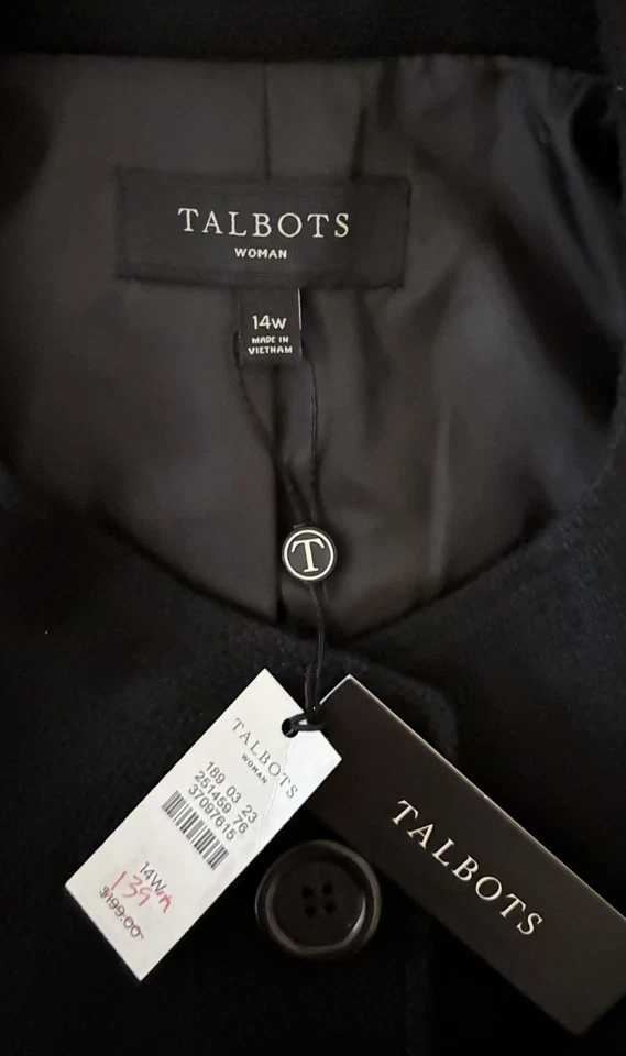Blazer Talbots para mujer talla 14W negro mezcla de lana cuello falso manga globo nuevo con etiquetas Foto 3 de 4