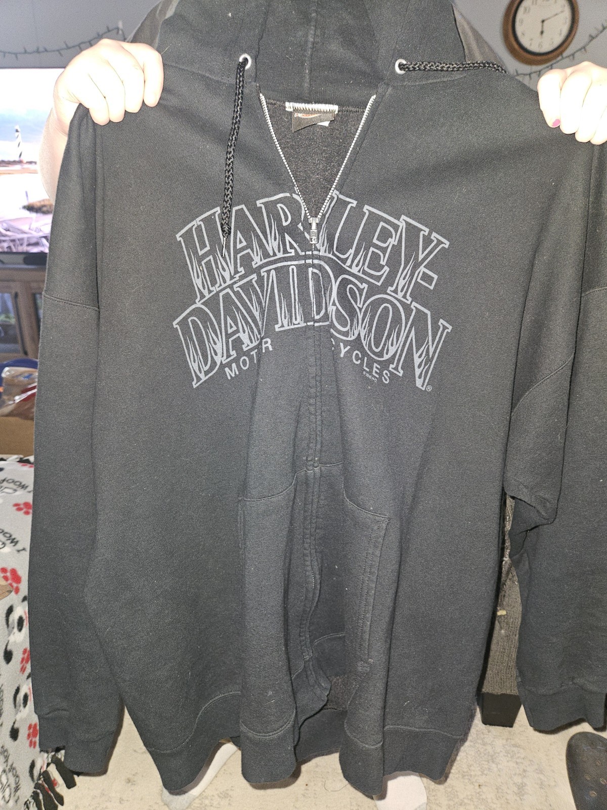 Harley-Davidson 2XL Black Full Zip Fleece Hoodie Eagle Graphic Pockets Hood