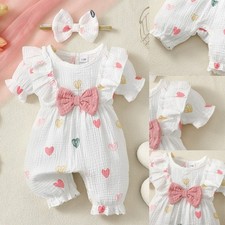 2Pcs Newborn Baby Girl Cotton Heart Romper Summer Clothes Ruffle Sunsuit Set UK