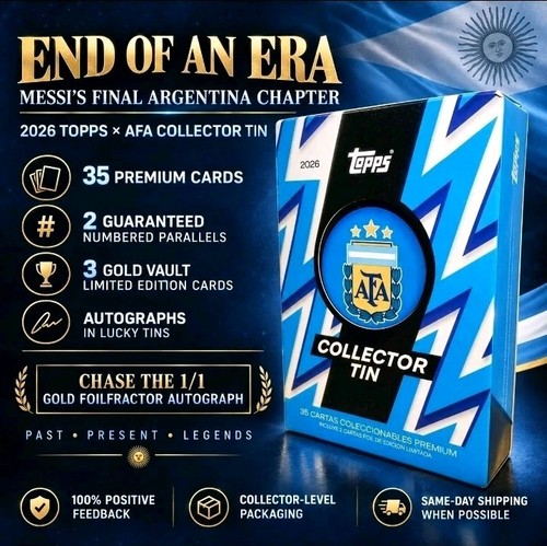 2026 Topps AFA Argentina Collector Tin Factory Sealed 2 Parallels MESSI RETIRED
