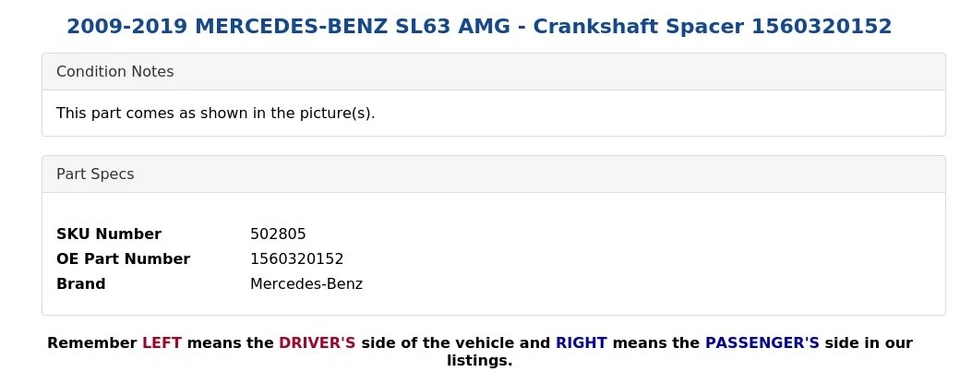 2009-2019 MERCEDES-BENZ SL63 AMG - Crankshaft Spacer 1560320152 - Image 3 of 3