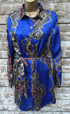 Ladies Quiz Blue Mix Satin Feel Belted Shirt Style Long Sleeve Dress UK 8 L34"