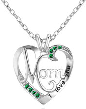 I Love You Mom Birthstone Necklace - Silver Heart Pendant Gift for Mother