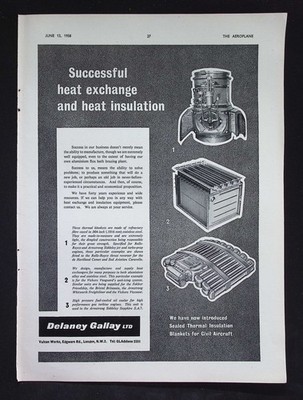 Original 1958 Werbung Delaney Gallay Wärmetausch und Isolierung Flugzeugteile