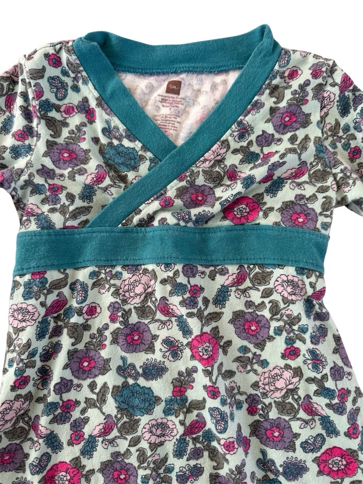 Vestido para niñas Tea Collection talla 3 100 % algodón verde azulado floral manga larga Foto 2 de 4