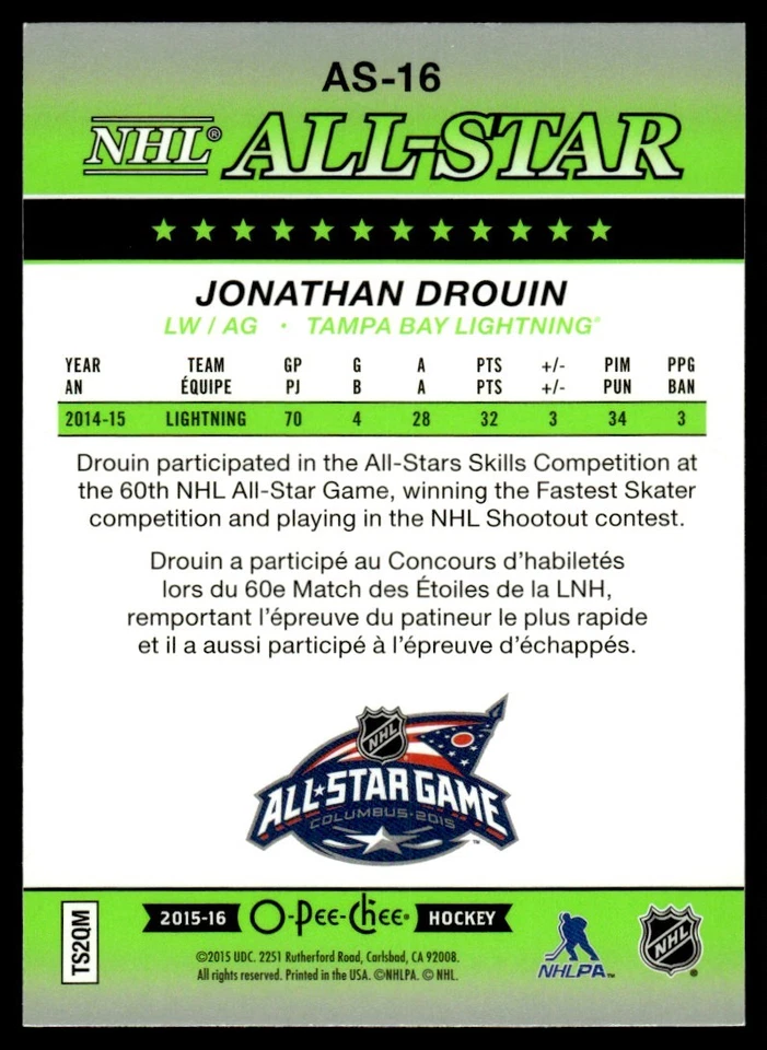2015-16 O PEE CHEE NHL ALL STAR Jonathan Drouin Tampa Bay Lightning #AS-16 - Image 2 of 2