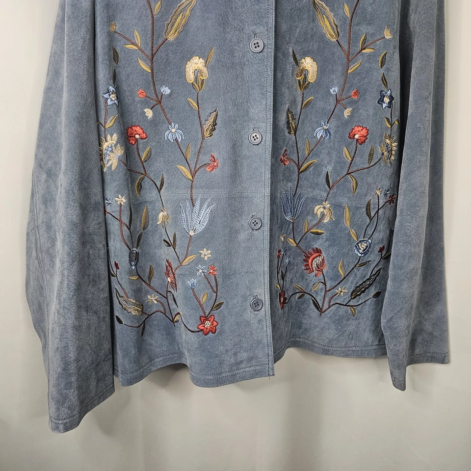 Chaqueta Jessica Holbrook Mujer 1X Azul Gamuza Cuero Floral Bordado Artístico Foto 4 de 4