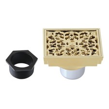 Scroll 4" Brass Square Grid Shower Drain with Hair Strainer, Polished Brass