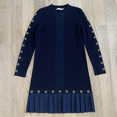 tory burch pleated sweater dress Tory Burch Shiloh Sweater Dress Size XS Navy Blue Wool Pleated Grommets