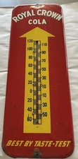 Vintage Royal Crown Cola Litho'd Red Yellow Enamel Thermometer Donasco 5-48