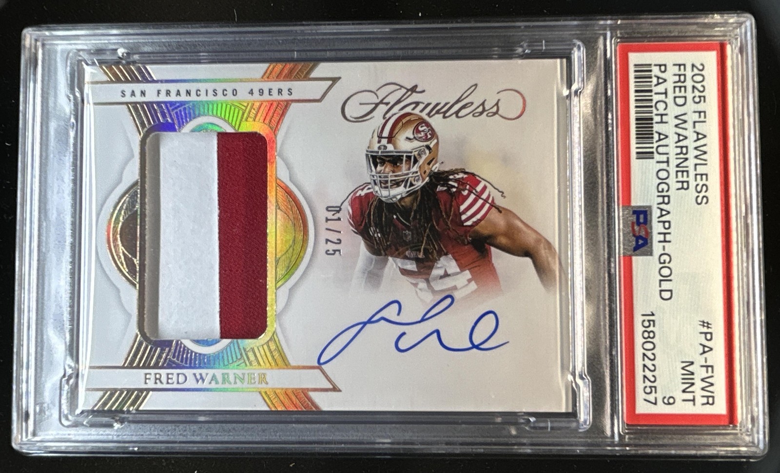 2025 Panini Flawless Fred Warner Gold Patch Auto #01/25 PSA 9 Mint 49ers