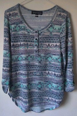 Almost Famous Top Women s L Green Button Up Roll Tab 3/4 Sleeves Top