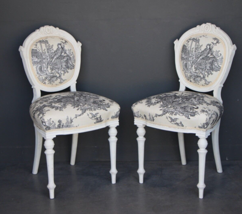 Antique Pair French painted chairs sturdy walnut Vintage toile Napoleon III 1860 - Picture 1 of 9