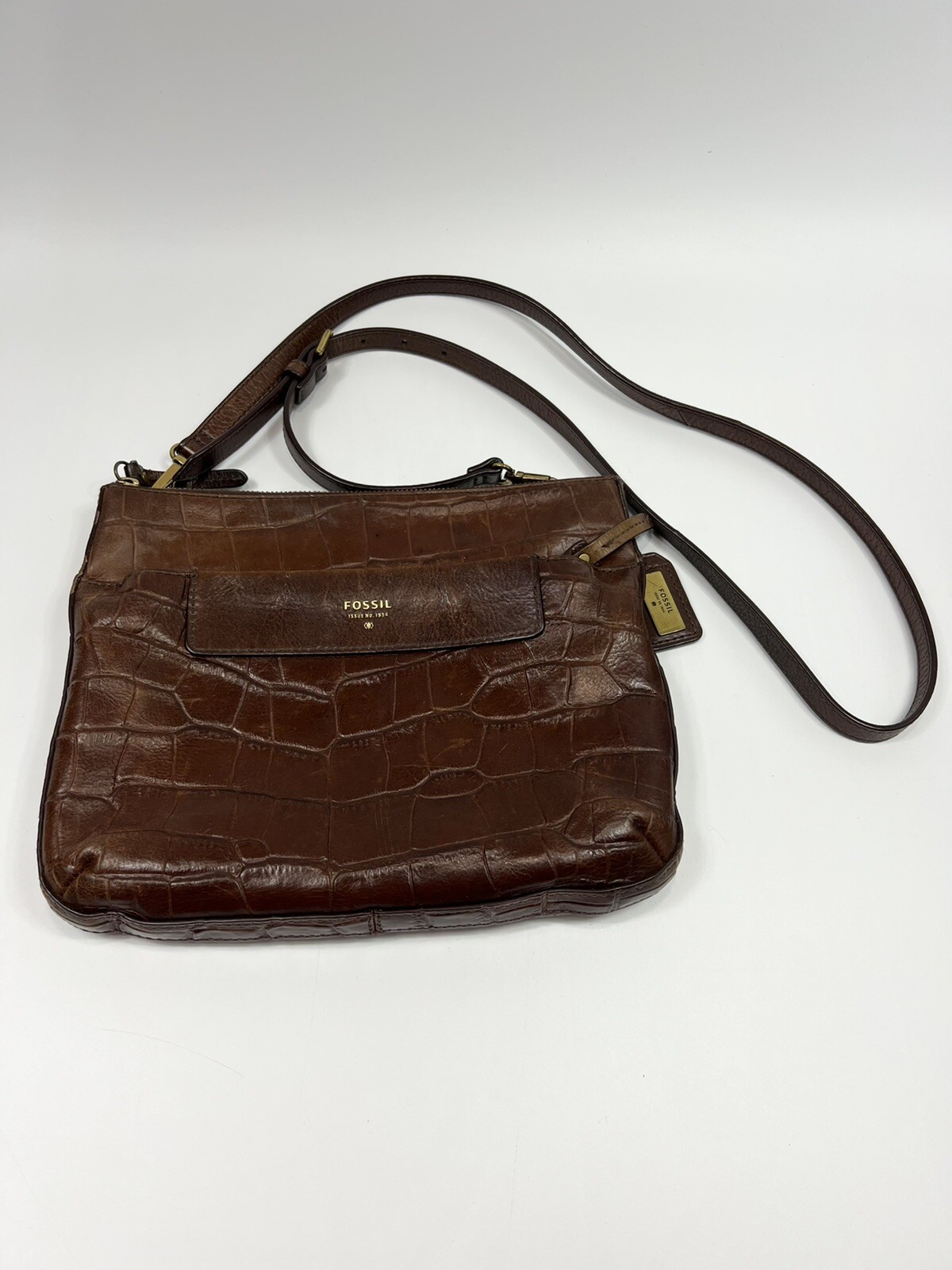 Fossil Purse  Brown Leather Croc Embossed Crossbody Bag Adjustable Strap