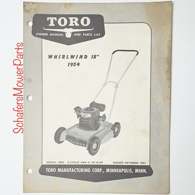 Genuine 1954 Toro Whirlwind 18  Lawn Mower Owner s Manual & Parts List