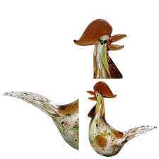 Vtg Murano Style Glass Rooster Brown Speckled Amber Comb White Green Hand Blown