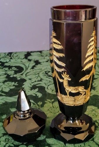 Moser Art Glass Dark Ruby Engraved Faceted Lidded Gold Gilded Amazing 1890's - Picture 5 of 14