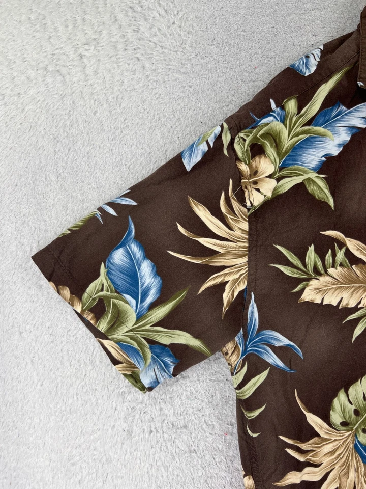 Camisa Campia Moda Para Hombre Extra Grande Marrón Azul Botón Hawaiano Floral Hoja Rayón Foto 3 de 4