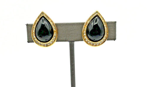 Vintage CHRISTIAN DIOR Pave Crystal Black Cabochon Clip On Earrings Gold Tone - Picture 4 of 9