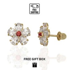 14k Yellow  White Gold CZ Flower Birthstone Stud Screw Back Earrings for Women