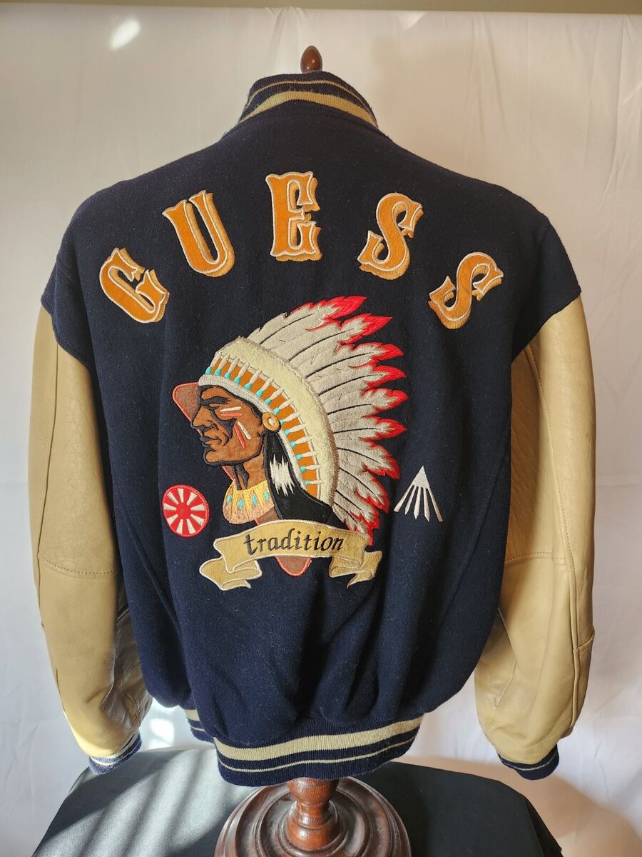 🔥🚨Vintage 90s Guess Medium Leather Wool Varsity Indian 🔥🚨Vintage 90s Guess Medium Leather Wool Varsity Indian