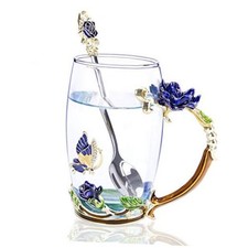 Glass Tea Cups,Enamel Glass Mug with Rose Flower Spoon,Gifts for Wedding Blue