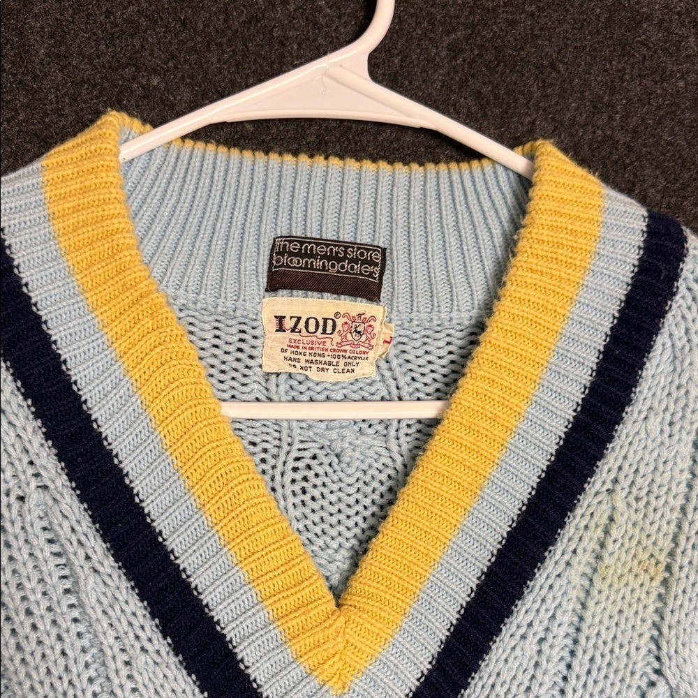 1970s Izod Lacoste Pastel Blue  V-Neck Sweater with Yellow and Navy Trim Large thumbnail 2
