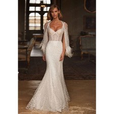 Sequin Tulle Feather Backless Mermaid Wedding Dress Bridal Dress Customized