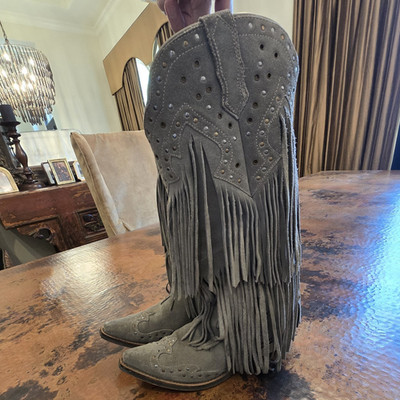 Laredo gray suede western boots snip toe fringe studded 8.5