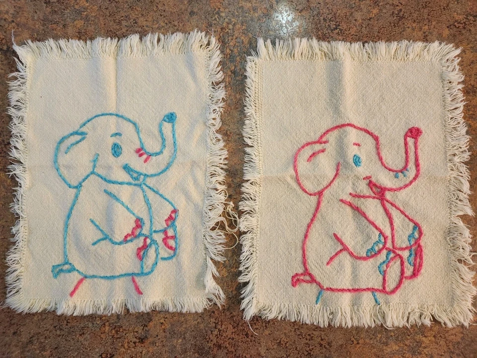 Vintage Lot of 2 Finished Crewel/Stitched Pink & Blue Elephants on Towels - Image 2 of 4