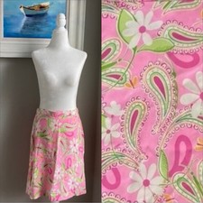 Vintage 80s 90s Lilly Pulitzer Midi Pink Summer Silk Floral Paisley Skirt Size 2