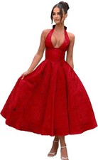 Red Tea Length Midi Formal Red Jacquard Pattern Satin Halter Dress Prom Elegant